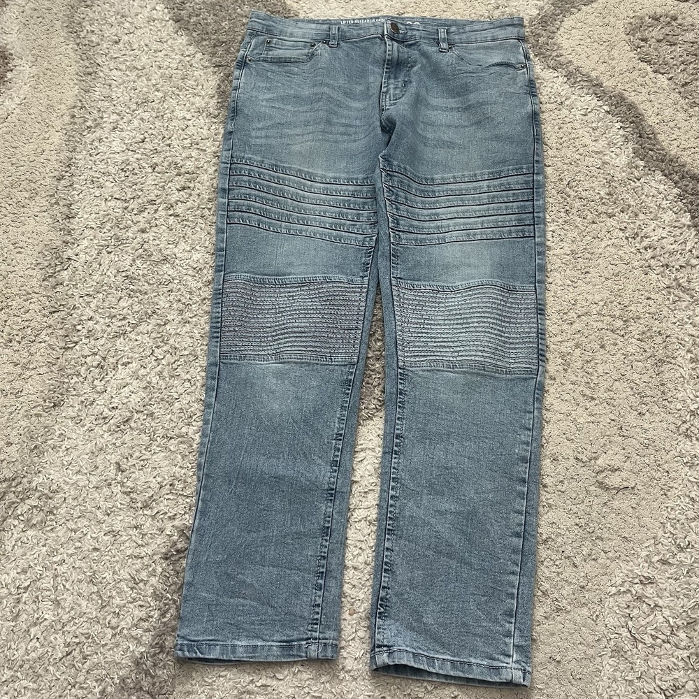LRG Men Jeans 34x28 Light Blue Denim Moto Skinny Fit Stretch Biker